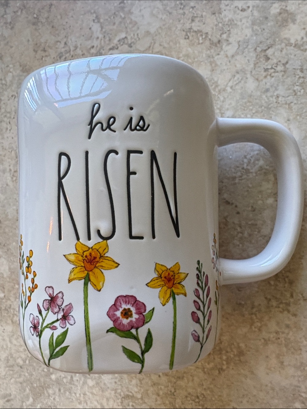Rae Dunn White Mug with Yellow Daffodil and Pink Floral Accents